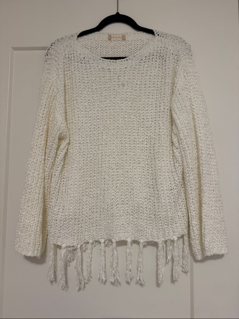 Altar'd State Cream Boho Fringe-Hem Crew Sweater